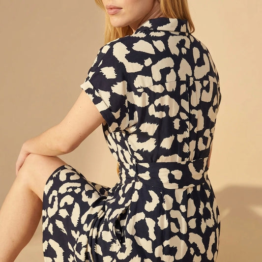 Yumi Navy Abstract Animal Print Relaxed Midi Shirt Dress With Belt — variant_front
