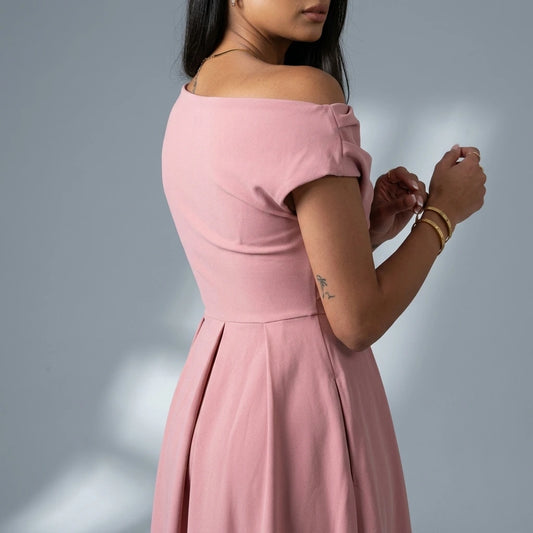 Dollie Asymmetric Neckline Skater Midi Dress Rose — variant_front