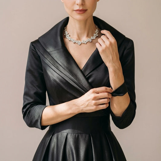 Elegant A-Line Midi Dress with Wrap Bodice and Full Skirt — variant_front