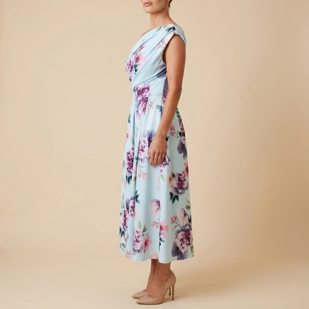 Betty Asymmetric Neckline Skater Midi Dress Blue Print — variant_front