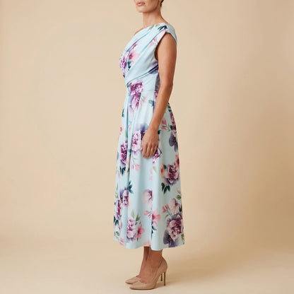 Betty Asymmetric Neckline Skater Midi Dress Blue Print — variant_front