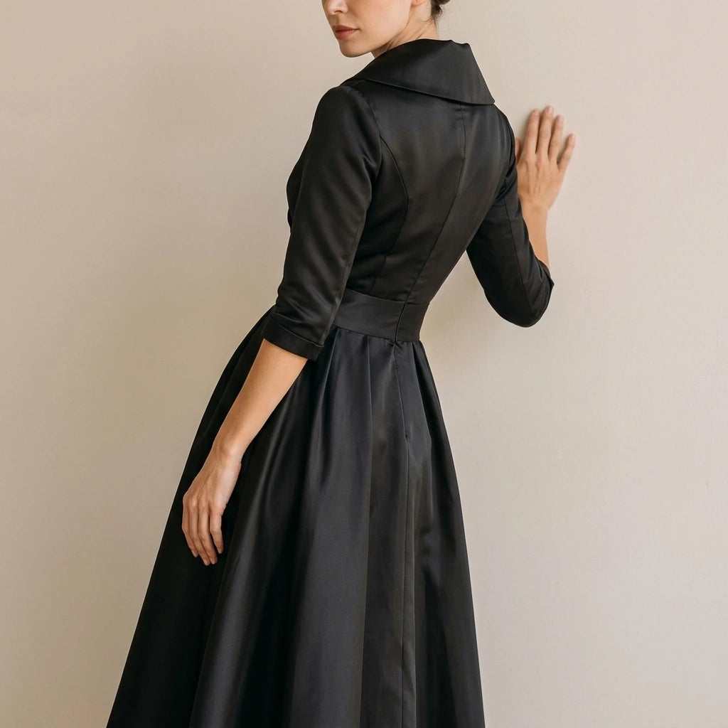 Elegant A-Line Midi Dress with Wrap Bodice and Full Skirt — variant_front