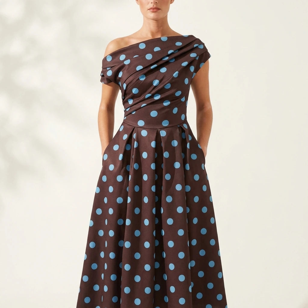 Betty Asymmetric Neckline Skater Midi Brown Polka — variant_front