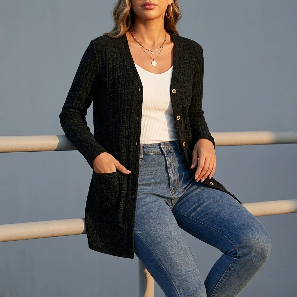 Buttoned V-Neck Coat with Pocket Design — variant_front