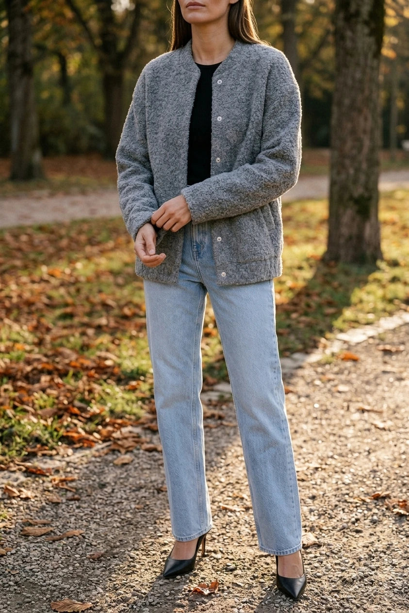 Grey Boucle Open Front Jacket — variant_front