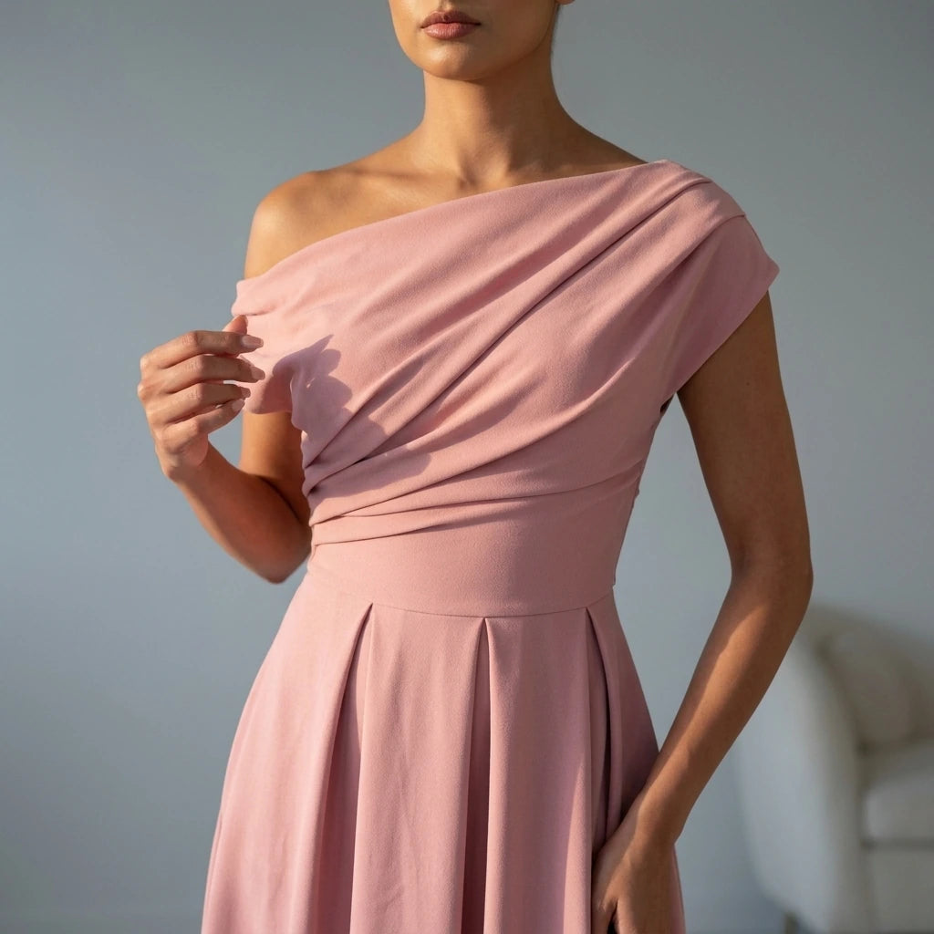 Dollie Asymmetric Neckline Skater Midi Dress Rose — variant_front