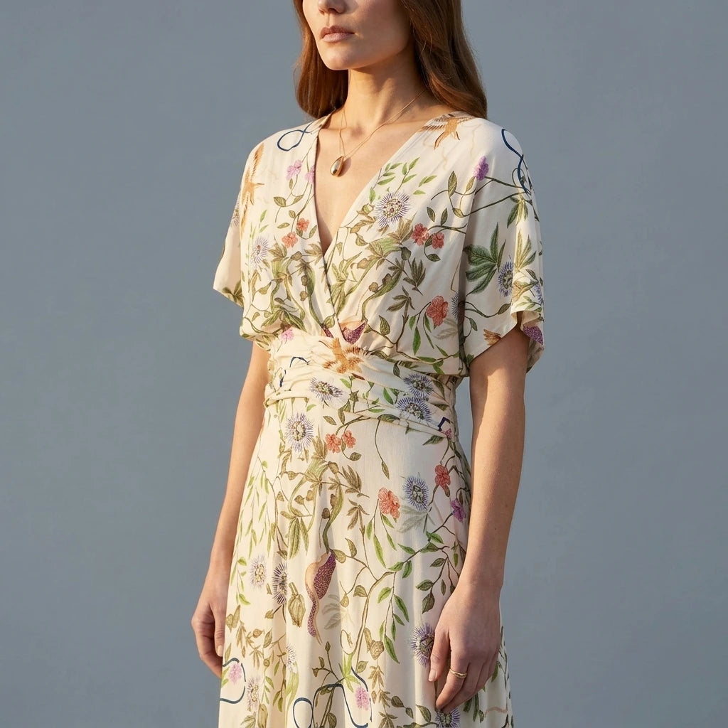 Yumi Ivory Floral Print Ruched Waist Midi Dress With Kimono Sleeves — variant_front