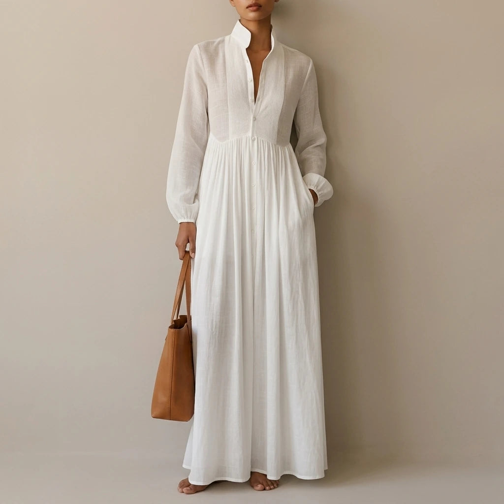 Linen Blend Maxi Shirt Dress with Stand Collar and Pockets for Women — variant_front