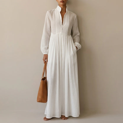 Linen Blend Maxi Shirt Dress with Stand Collar and Pockets for Women — variant_front