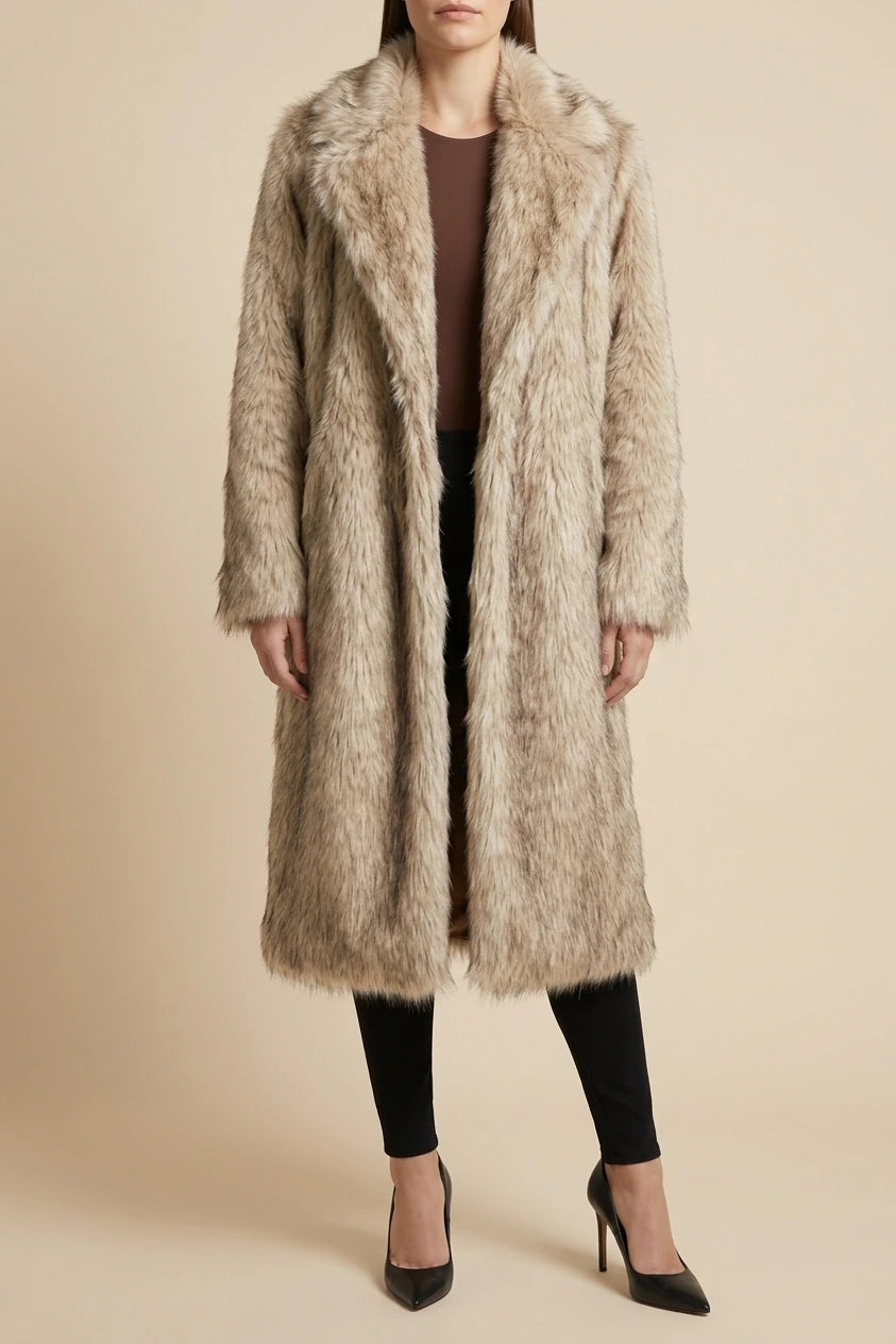 Beige Faux Fur Coat Longline — variant_front