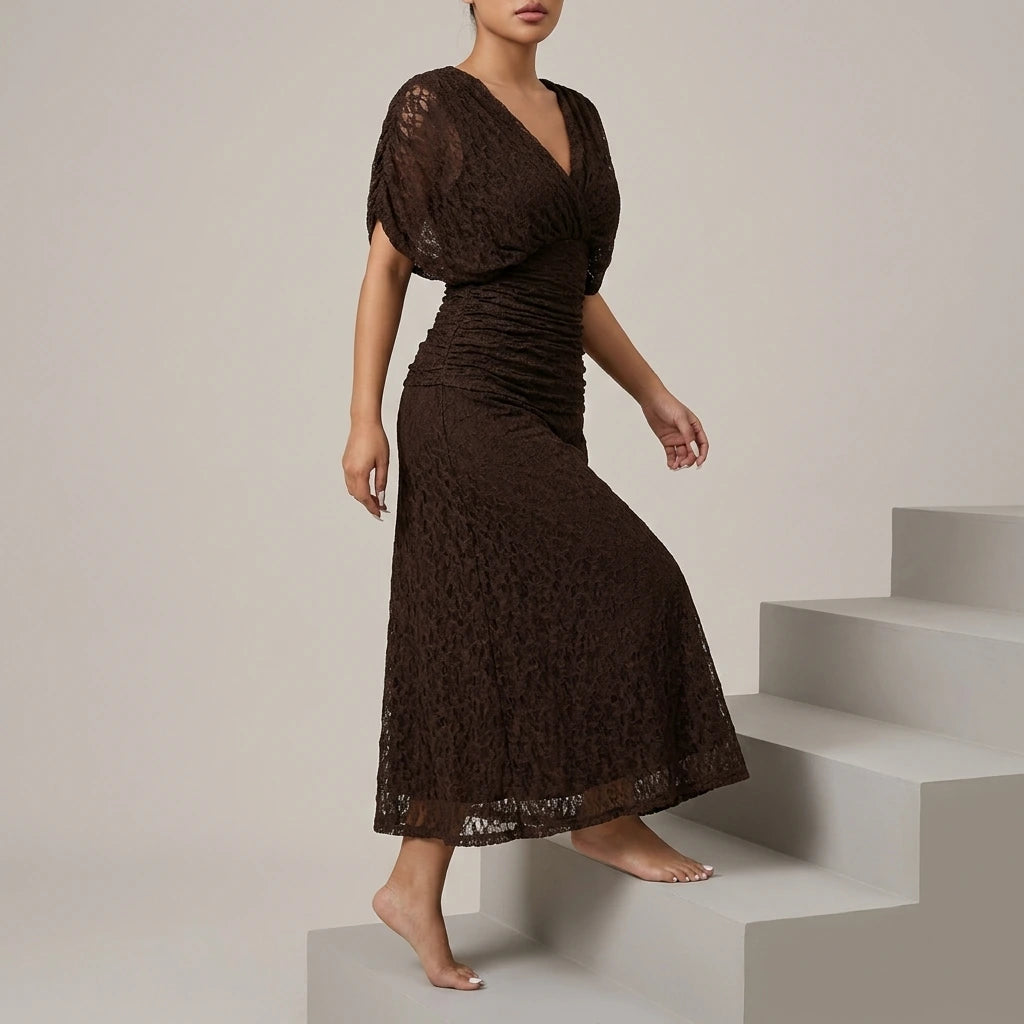 Angel Sleeve Wrap Midi Dress Lace Overlay V-Neck Ruched Waist — variant_front