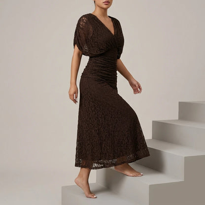 Angel Sleeve Wrap Midi Dress Lace Overlay V-Neck Ruched Waist — variant_front