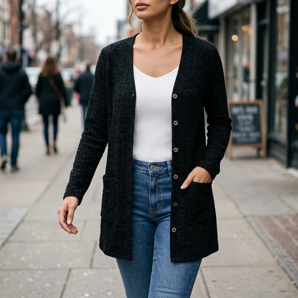 Buttoned V-Neck Coat with Pocket Design — variant_front