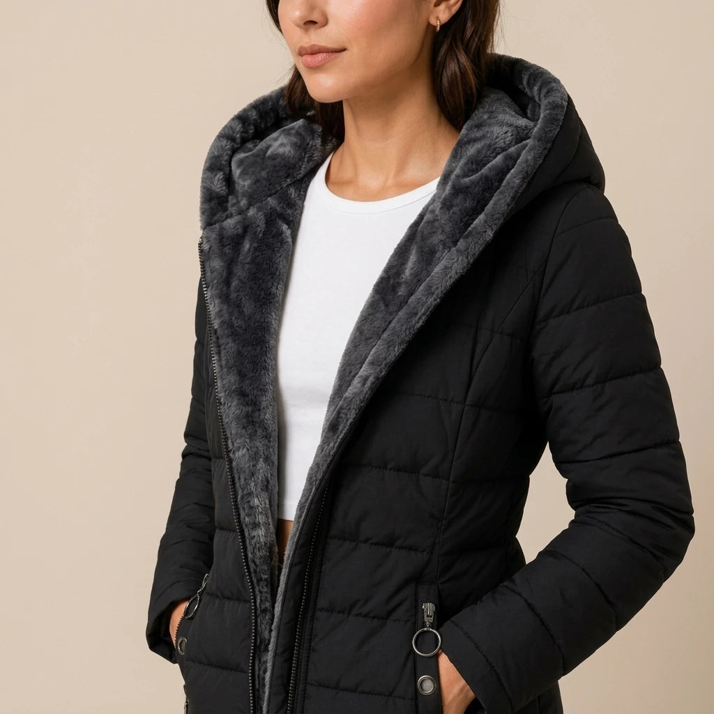 Women’s Hooded Winter Coat – Plush Lined Elegant Long Jacket — variant_front