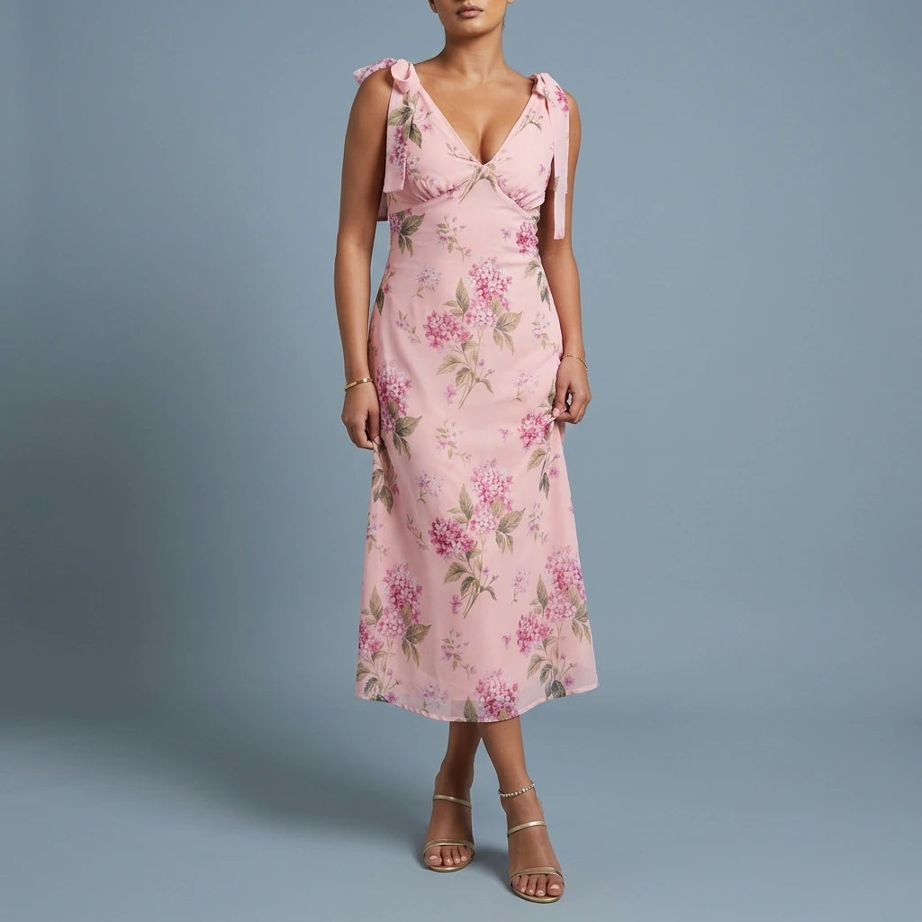 Beverly Floral Tie Shoulder Midi Dress Pink — variant_front