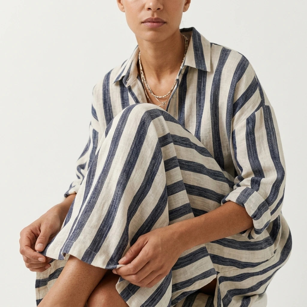 Relaxed Striped Linen Maxi Dress with Collar and Long Sleeves — variant_front