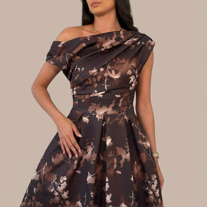 Betty Asymmetric Neckline Floral Skater Midi Dress Brown Floral — variant_front