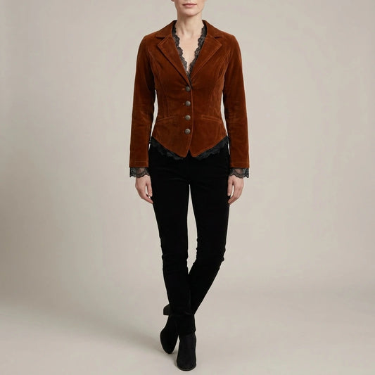 Women's Velvet Blazer with Lace Trimmed Cuffs - Wrenelle — variant_front