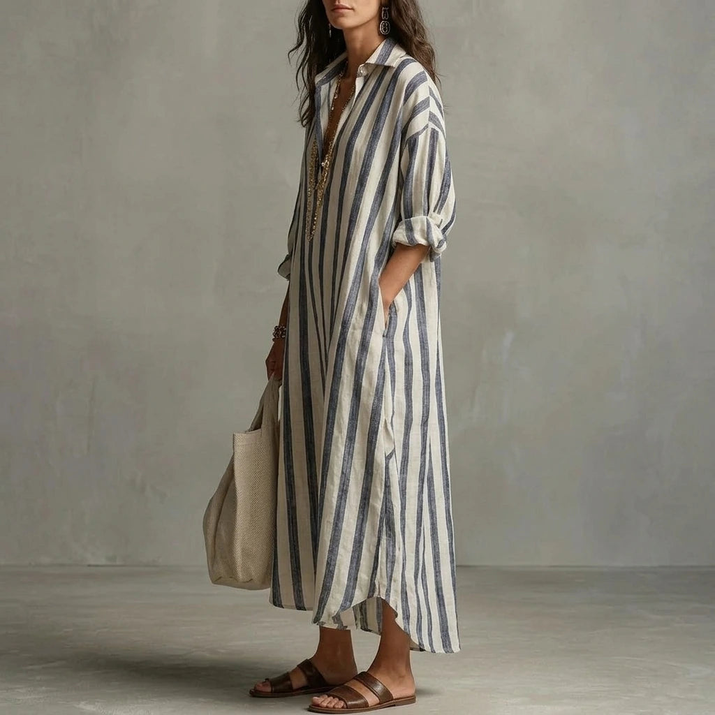Relaxed Striped Linen Maxi Dress with Collar and Long Sleeves — variant_front
