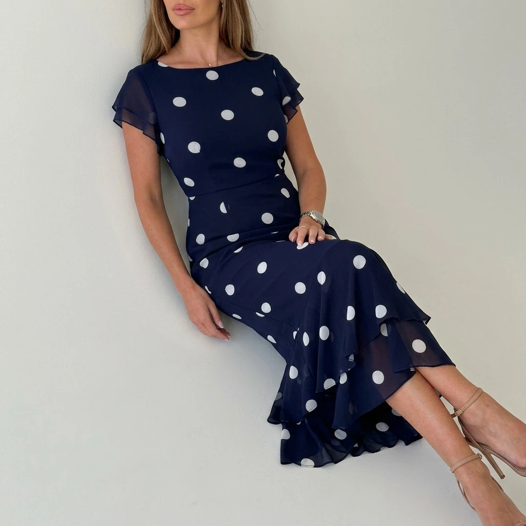 Roxy Boat Neck Frill Midi Navy Spot — variant_front