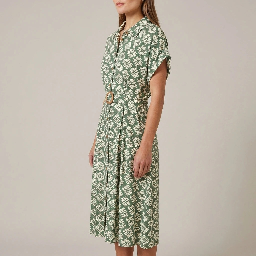 Yumi Green Viscose Midi Shirt Dress With Matching Belt — variant_front