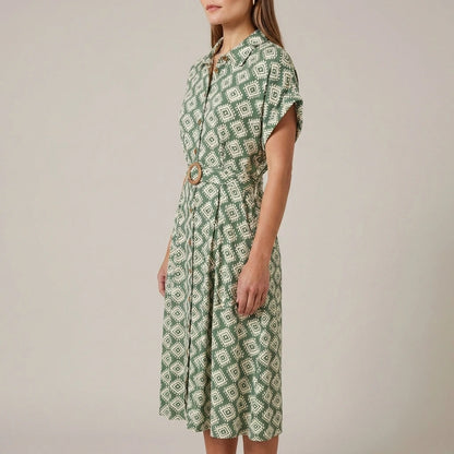 Yumi Green Viscose Midi Shirt Dress With Matching Belt — variant_front