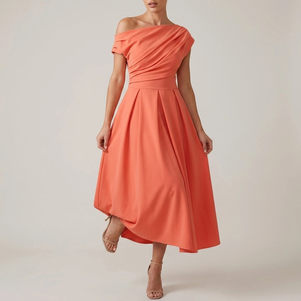 Dollie Asymmetric Neckline Skater Midi Dress Peach Coral — variant_front