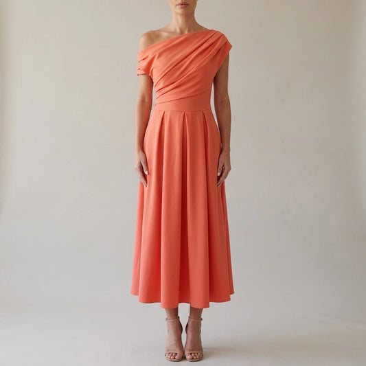 Dollie Asymmetric Neckline Skater Midi Dress Peach Coral — variant_front