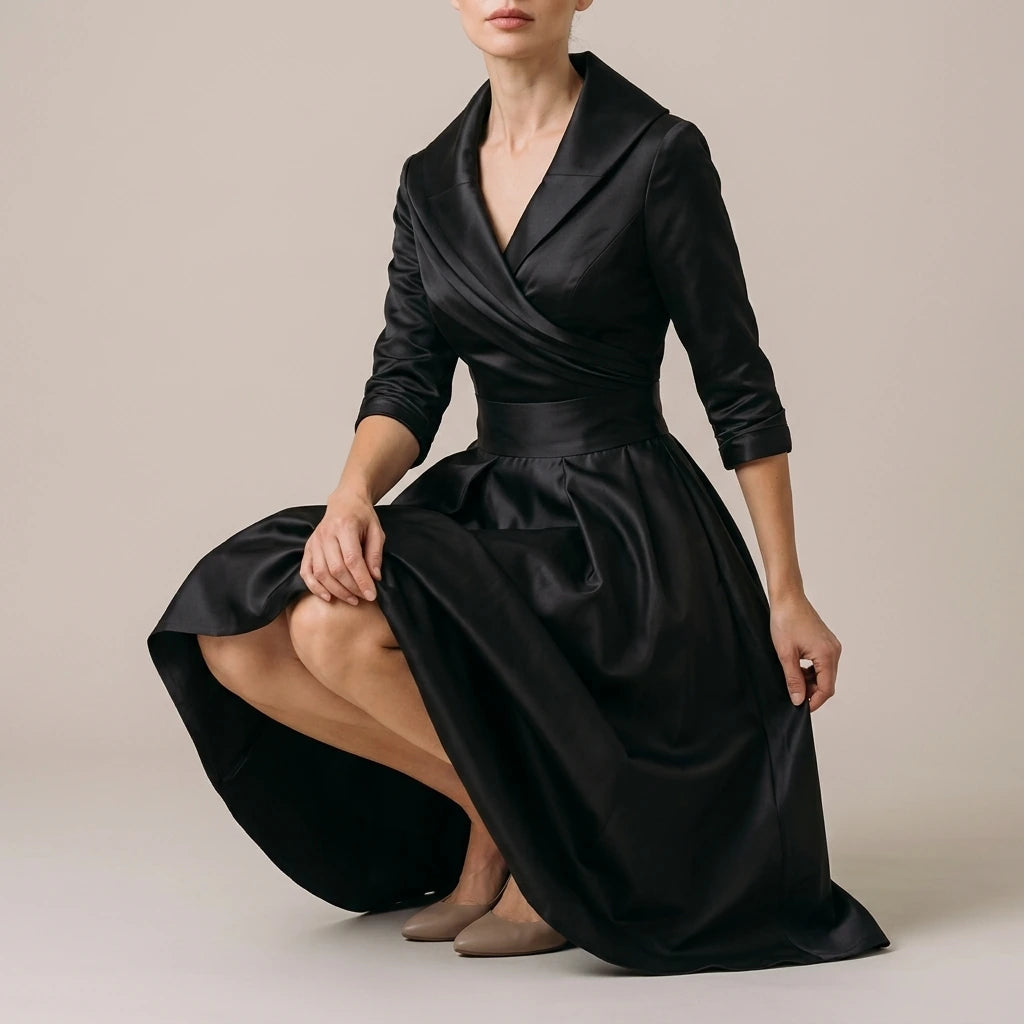 Elegant A-Line Midi Dress with Wrap Bodice and Full Skirt — variant_front