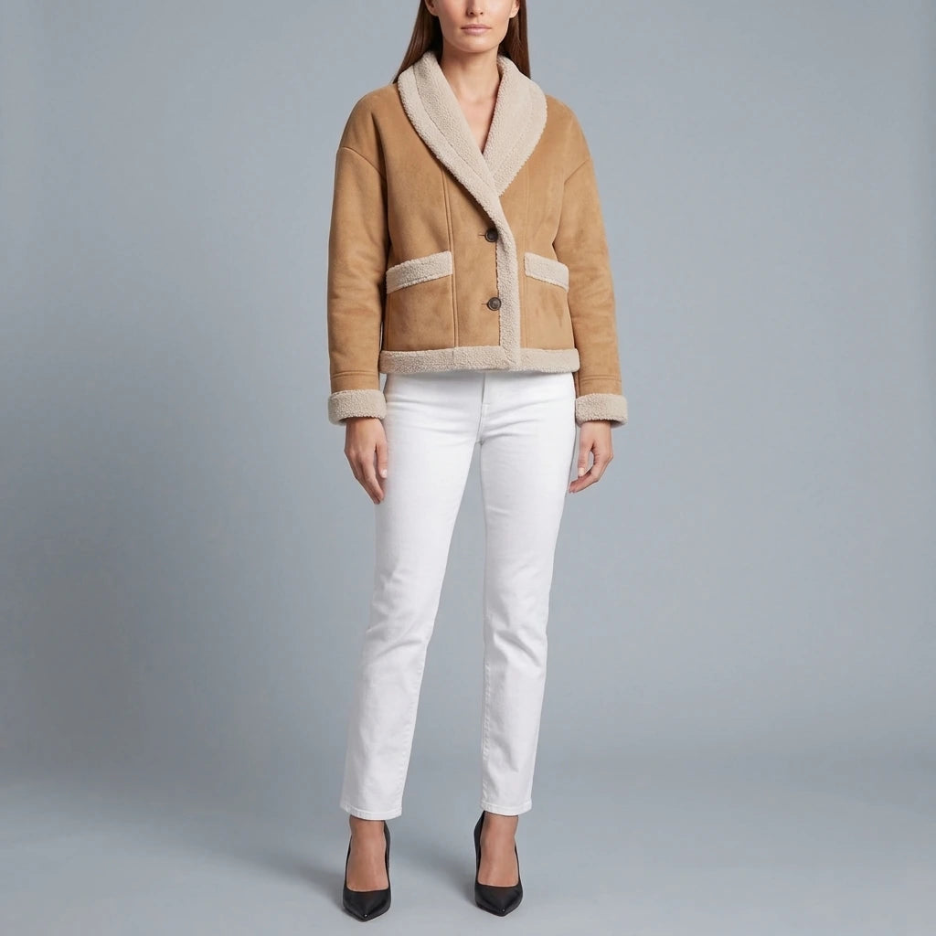 Beige Suede Look Teddy Jacket Sherpa Trim Winter — variant_front