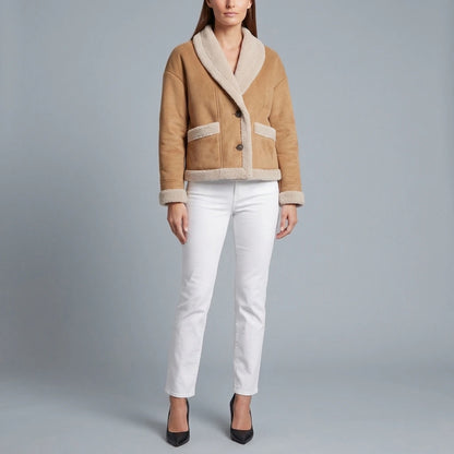 Beige Suede Look Teddy Jacket Sherpa Trim Winter — variant_front
