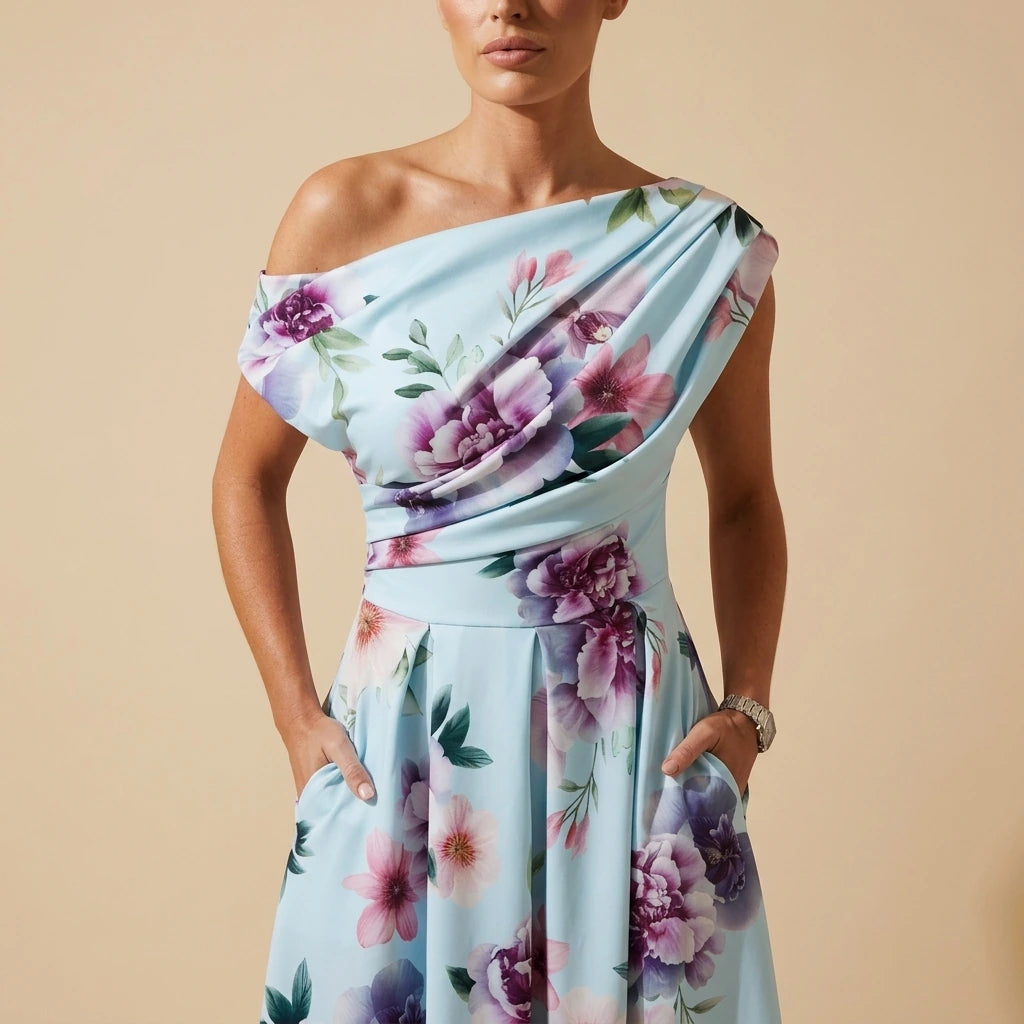 Betty Asymmetric Neckline Skater Midi Dress Blue Print — variant_front