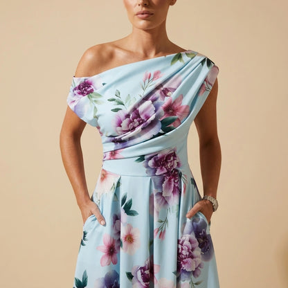 Betty Asymmetric Neckline Skater Midi Dress Blue Print — variant_front