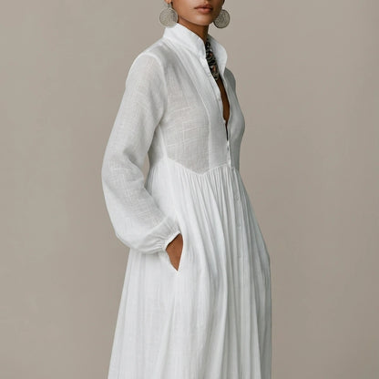 Linen Blend Maxi Shirt Dress with Stand Collar and Pockets for Women — variant_front