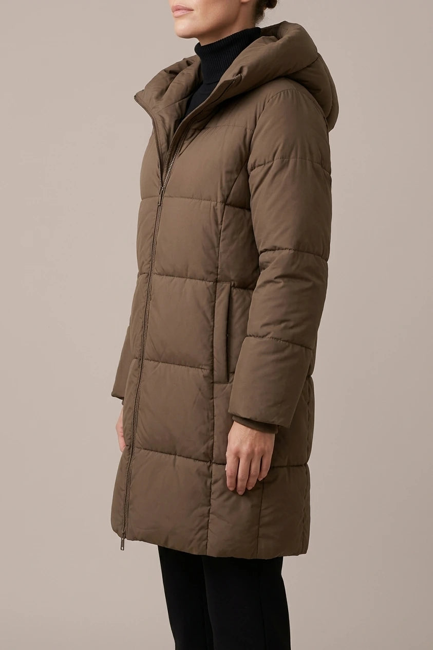 Khaki Hooded Puffer Coat Knee Length — variant_front
