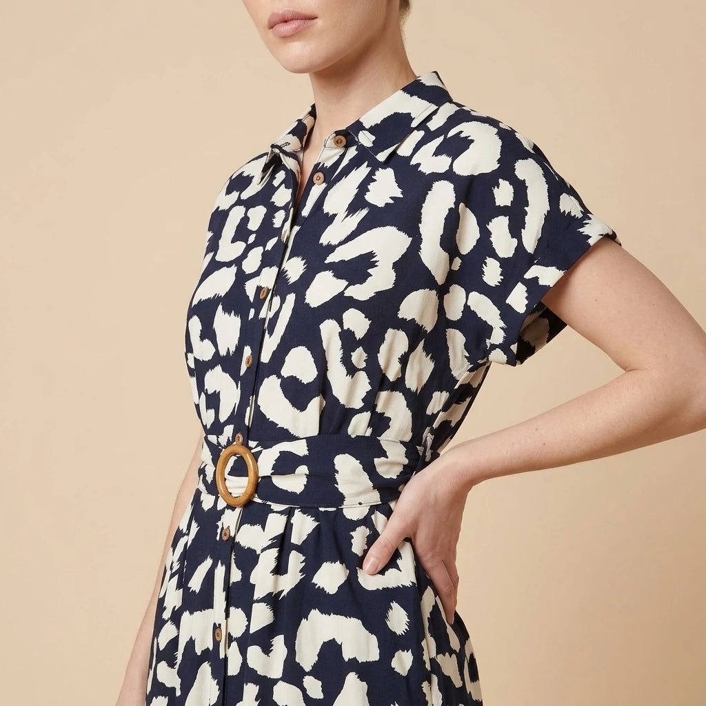 Yumi Navy Abstract Animal Print Relaxed Midi Shirt Dress With Belt — variant_front
