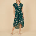 Floral Wrap Midi Dress With Frill Hem And V Neck Tie Waist