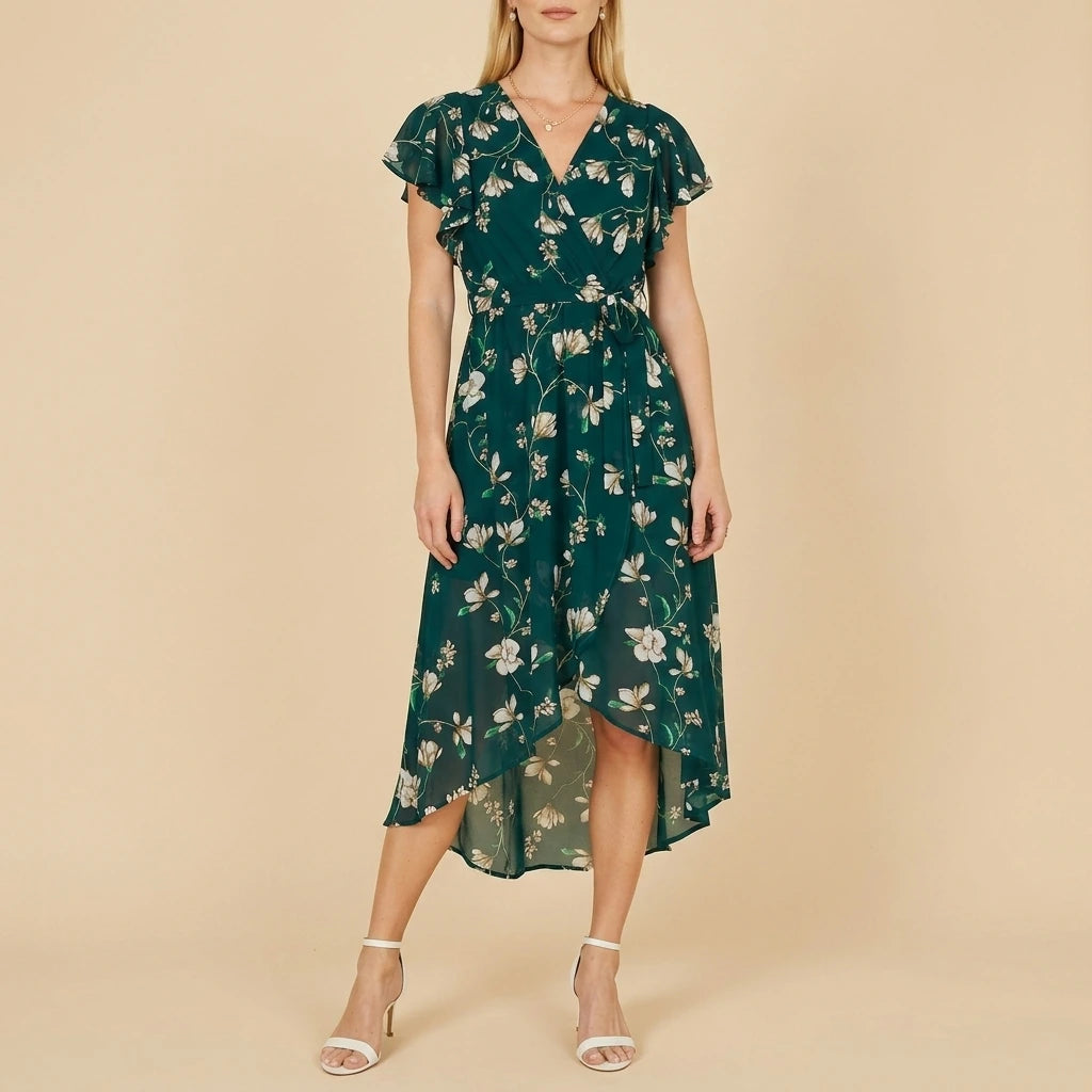 Yumi Green Floral Wrap Midi Dress With Frill Hem — variant_front