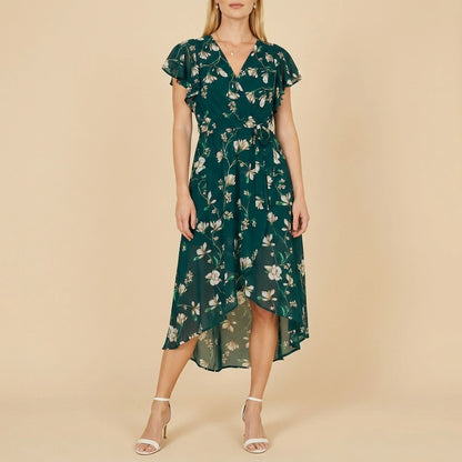 Yumi Green Floral Wrap Midi Dress With Frill Hem — variant_front