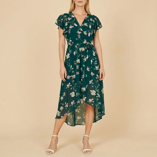 Yumi Green Floral Wrap Midi Dress With Frill Hem — variant_front