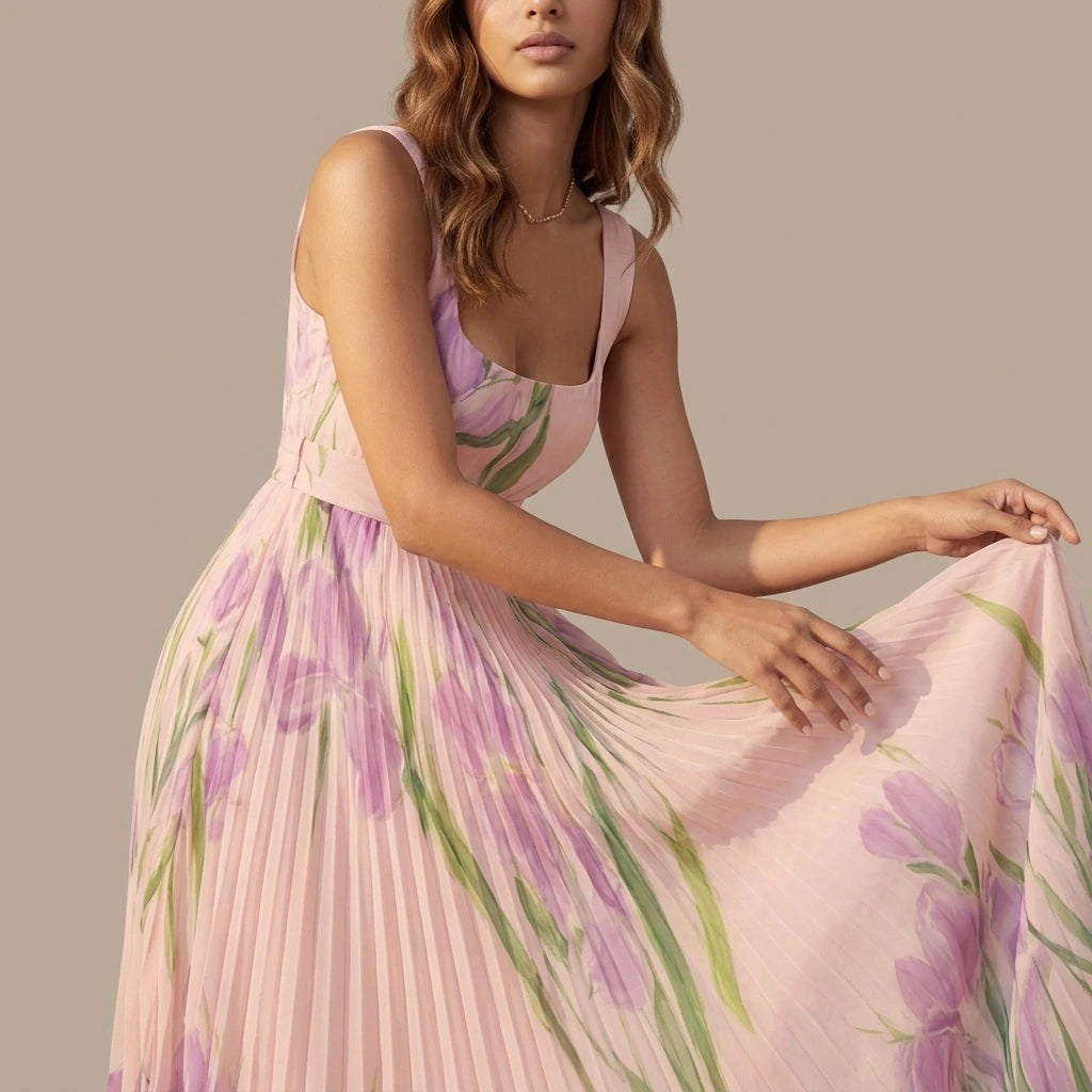 Vivienna – Watercolour floral – Pleated maxi dress — variant_front