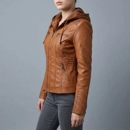 Leather Biker Jacket with Removable Hood and Zip Detail — variant_front