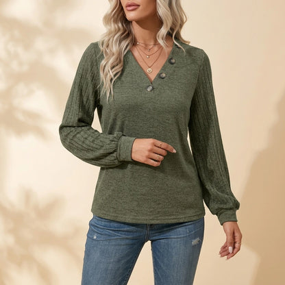 Autumn And Winter Items - Casual And Stylish Ribbed Brushed V-Neck Button Long-Sleeve Top, Perfect for Outings, Commuting, And Comfortable Everyday Wear — variant_front