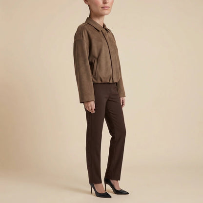 Brown Suede Look Bomber Jacket Zip Front Casual — variant_front