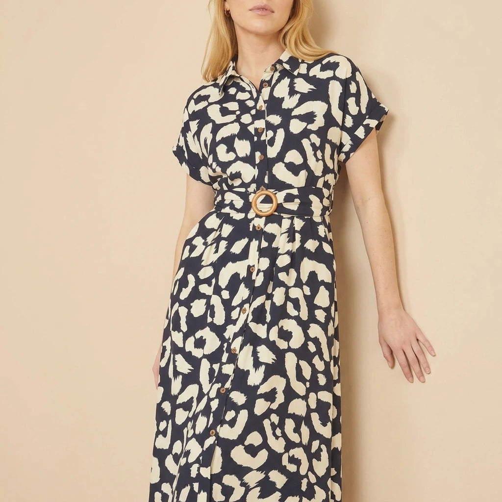 Yumi Navy Abstract Animal Print Relaxed Midi Shirt Dress With Belt — variant_front