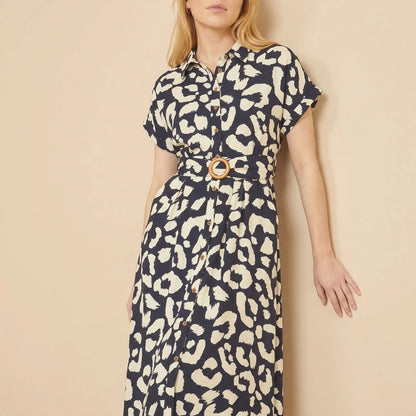 Yumi Navy Abstract Animal Print Relaxed Midi Shirt Dress With Belt — variant_front