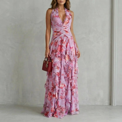 Belladina – Romantic rose cascade – Halter maxi dress — variant_front