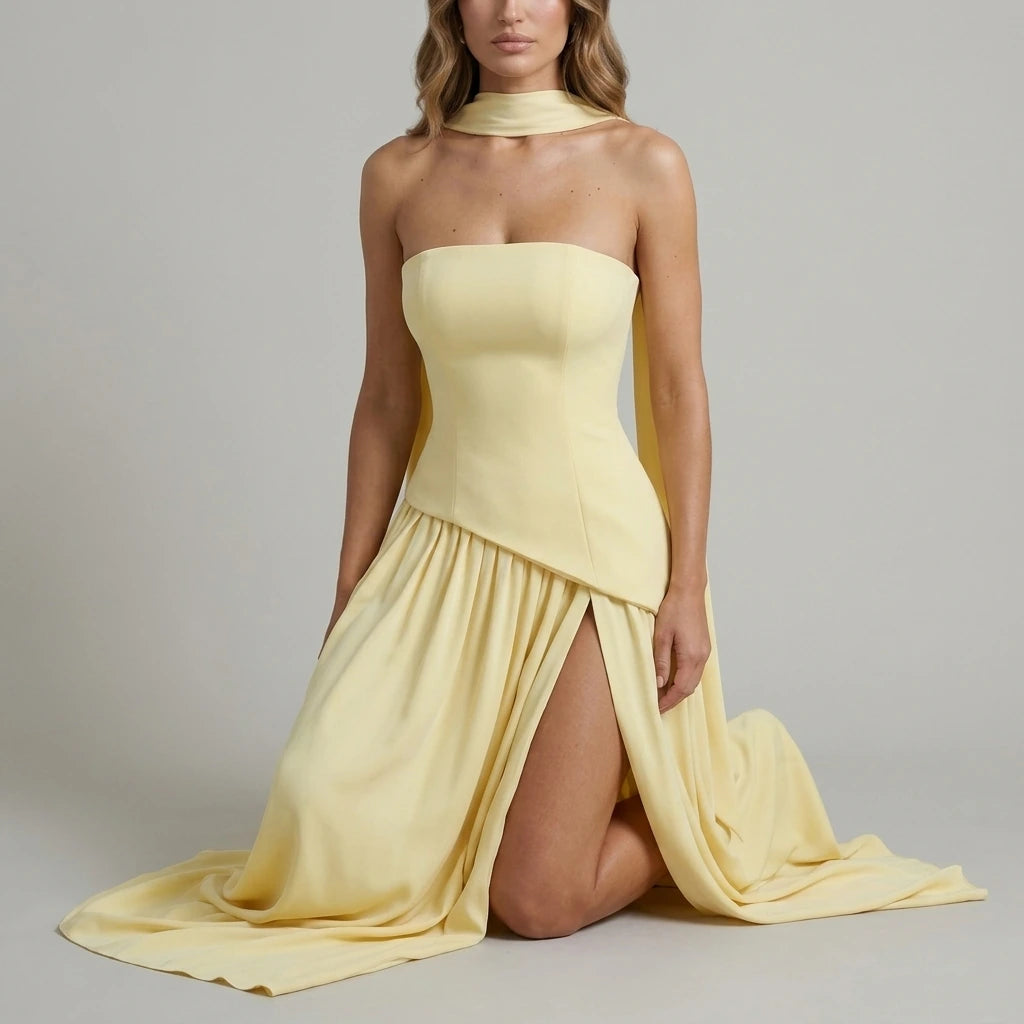 Celestara – Sculpted draped slit – Strapless maxi dress — variant_front