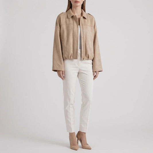 Beige Suede Look Bomber Jacket Zip Front Casual — variant_front