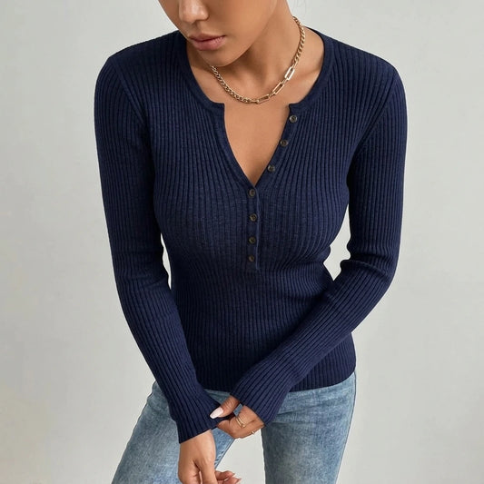 2026 Western Style Henley Collar Half-Button Sweater, Vertical Ribbed Waist-Defining Long Sleeve Versatile Inner Layer Base Top — variant_front